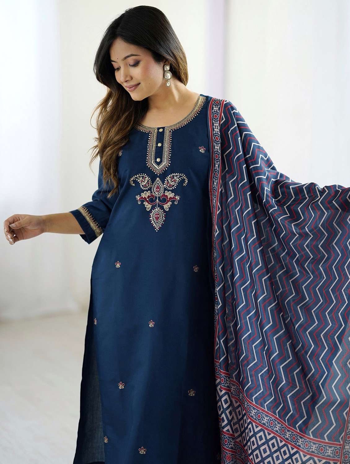 women solid with work three quarter sleeve kurta pant with dupatta set - 22393043 -  Standard Image - 1