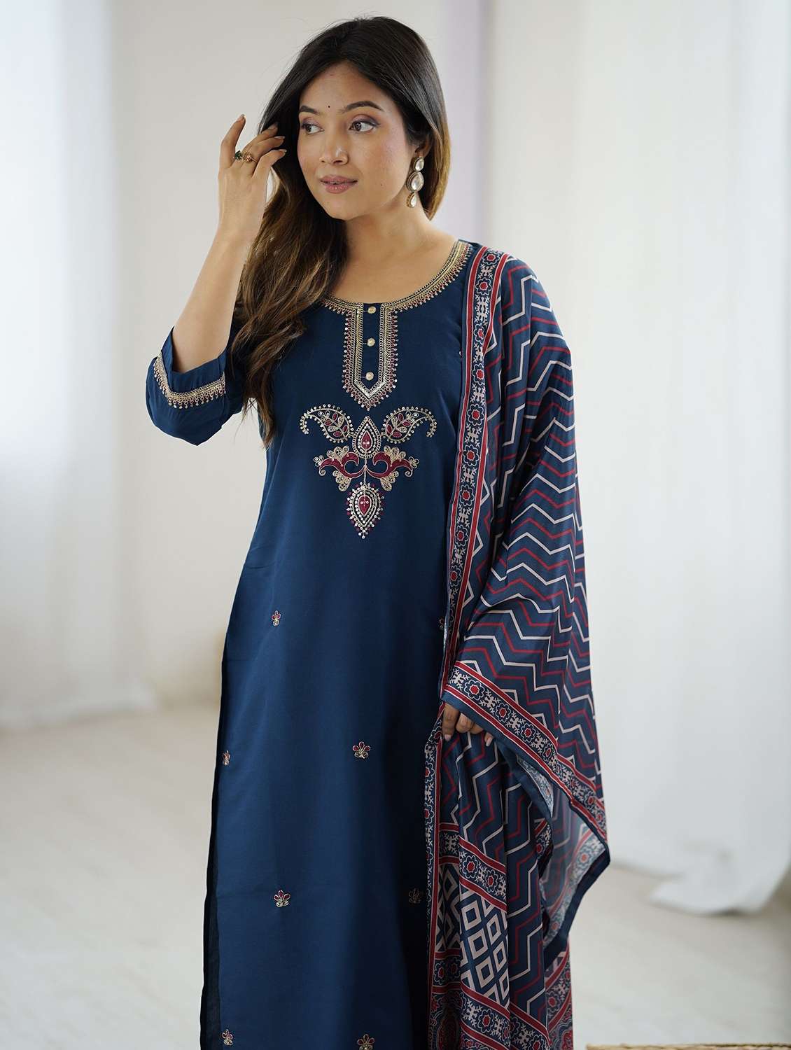 women solid with work three quarter sleeve kurta pant with dupatta set - 22393043 -  Standard Image - 4