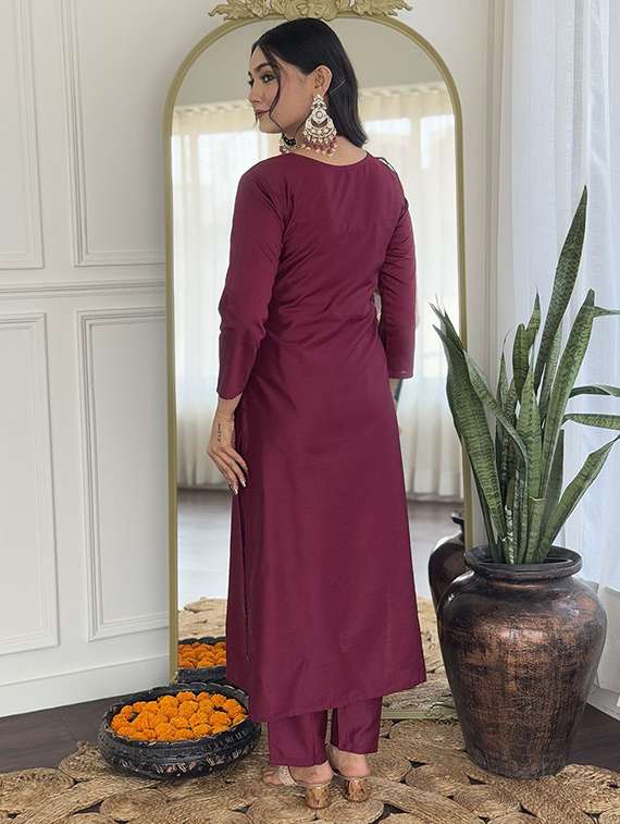 women solid with work three quarter sleeve kurta pant with dupatta set - 22393055 -  Standard Image - 4