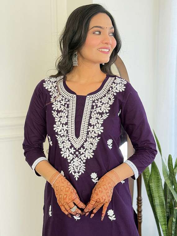 women solid with work three quarter sleeve kurta pant with dupatta set - 22393078 -  Standard Image - 1