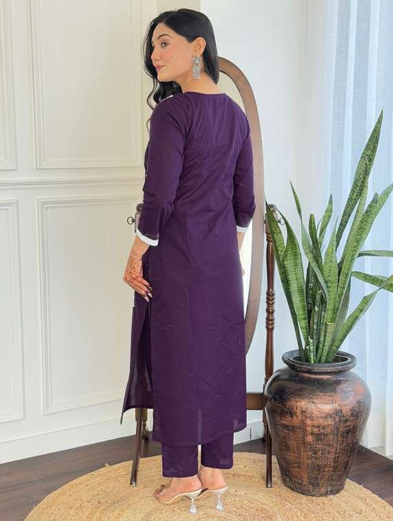women solid with work three quarter sleeve kurta pant with dupatta set - 22393078 -  Standard Image - 4