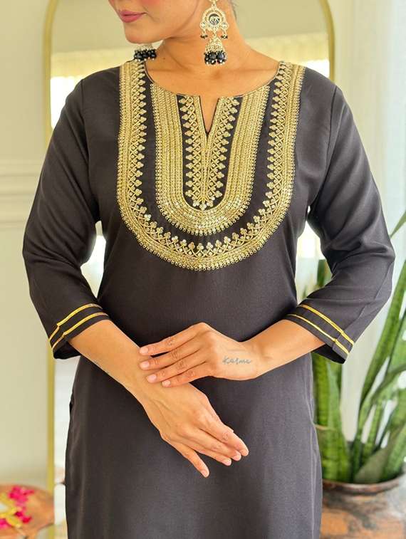 women solid with work three quarter sleeve kurta pant with dupatta set - 22393092 -  Standard Image - 1