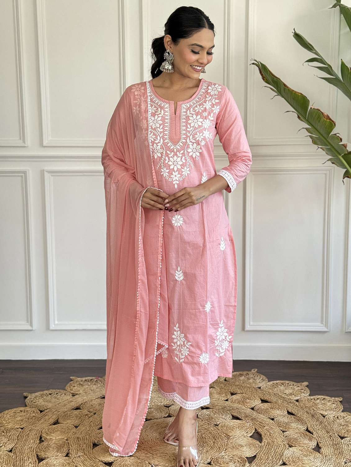 women solid with work three quarter sleeve kurta pant with dupatta set - 22393107 -  Standard Image - 1