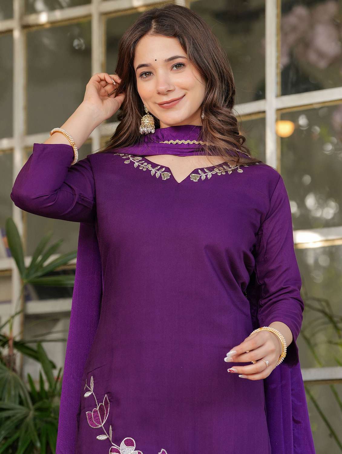 women solid with work three quarter sleeve kurta pant with dupatta set - 22393114 -  Standard Image - 1