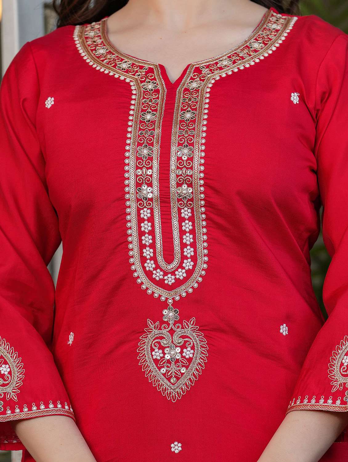 women solid with work three quarter sleeve kurta pant with dupatta set - 22393117 -  Standard Image - 1