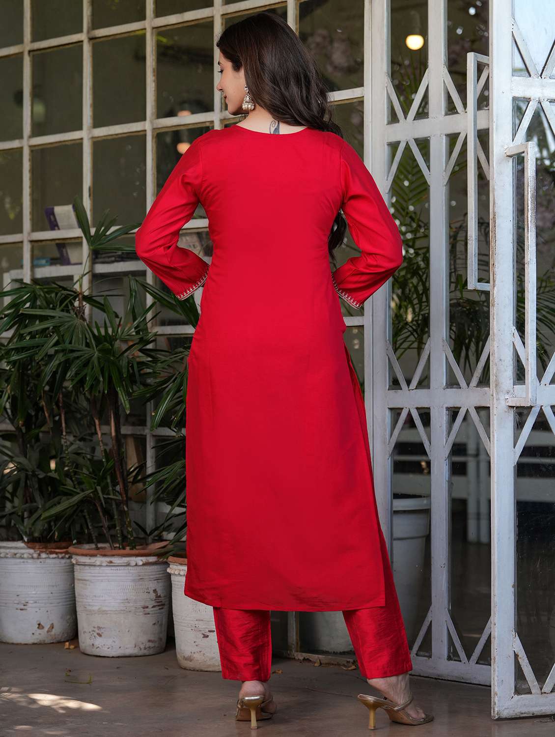 women solid with work three quarter sleeve kurta pant with dupatta set - 22393117 -  Standard Image - 4