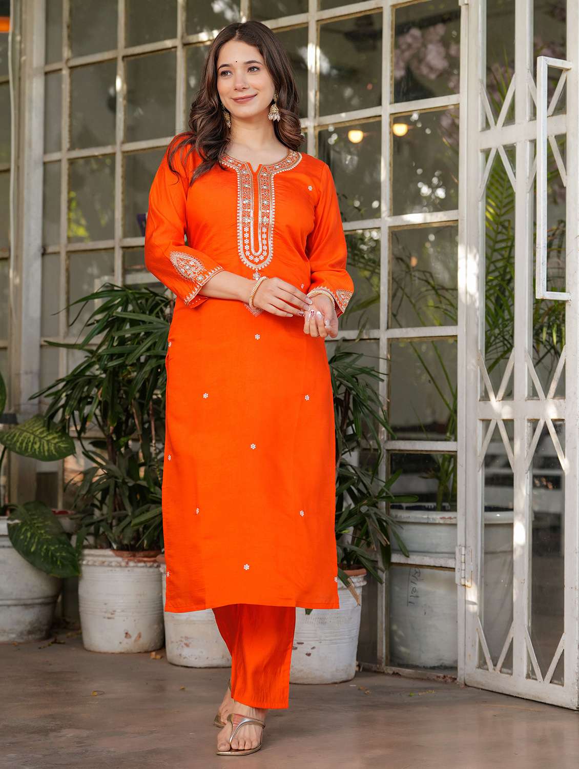 women solid with work three quarter sleeve kurta pant with dupatta set - 22393119 -  Standard Image - 1