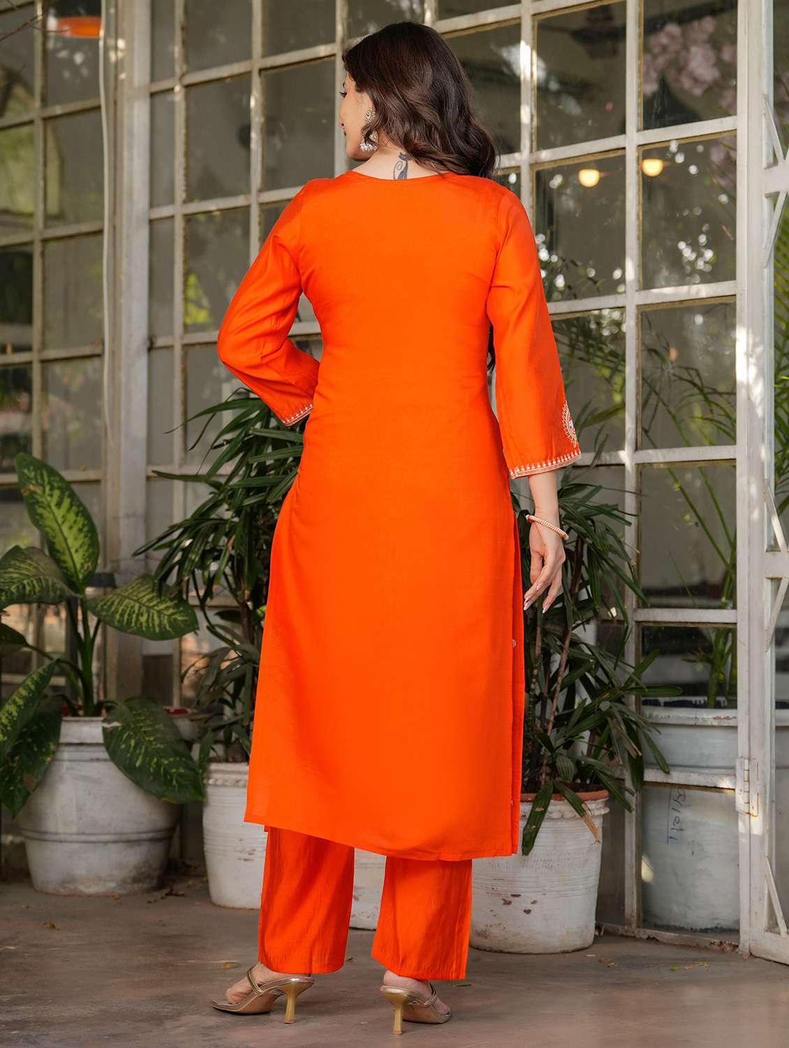 women solid with work three quarter sleeve kurta pant with dupatta set - 22393119 -  Standard Image - 4