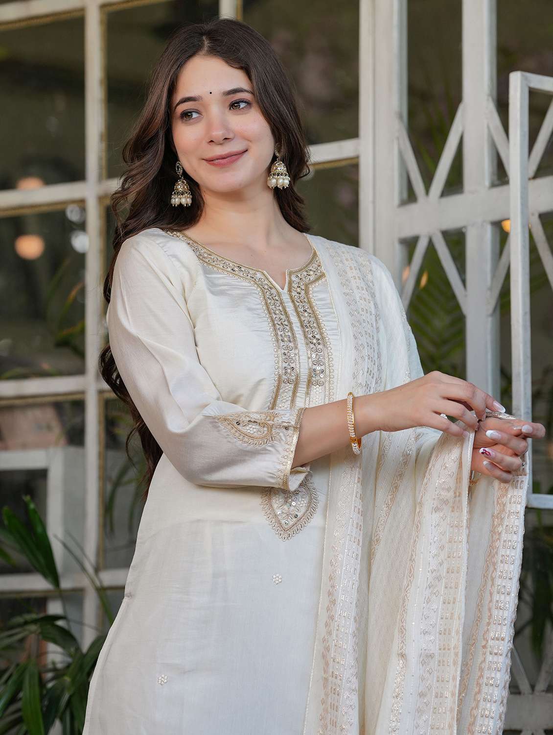 women solid with work three quarter sleeve kurta pant with dupatta set - 22393120 -  Standard Image - 1