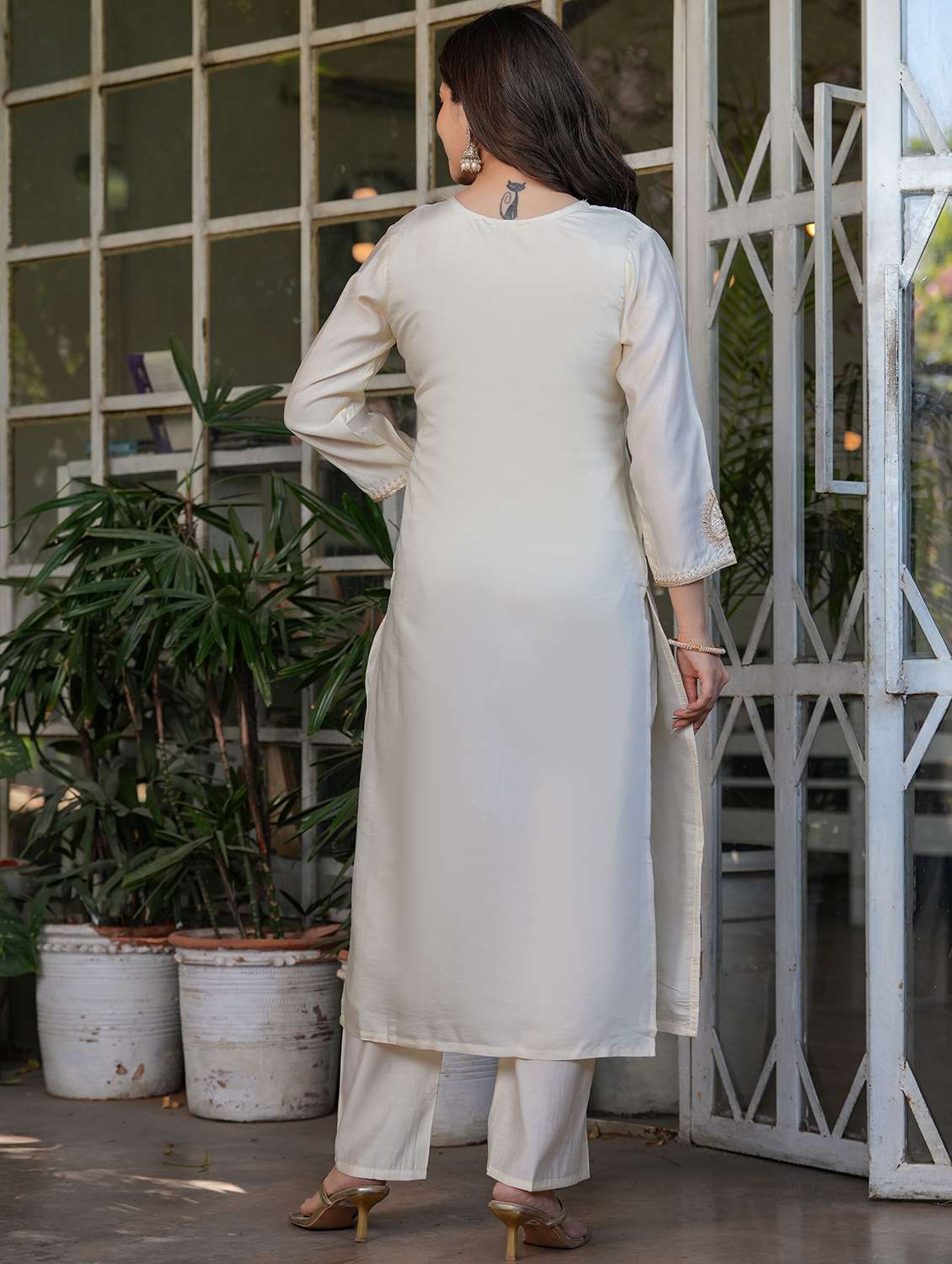 women solid with work three quarter sleeve kurta pant with dupatta set - 22393120 -  Standard Image - 4