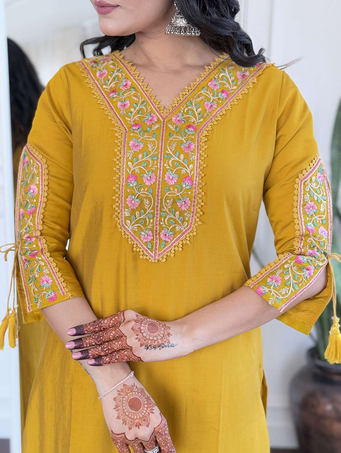 women solid with work three quarter sleeve kurta pant with dupatta set - 22393126 -  Standard Image - 1