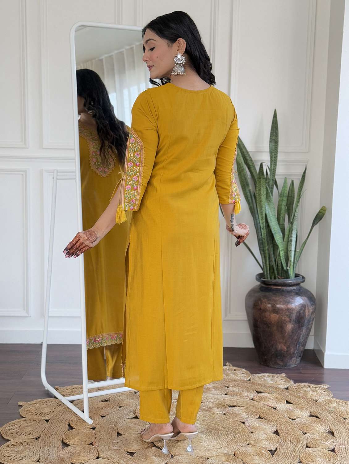 women solid with work three quarter sleeve kurta pant with dupatta set - 22393126 -  Standard Image - 4