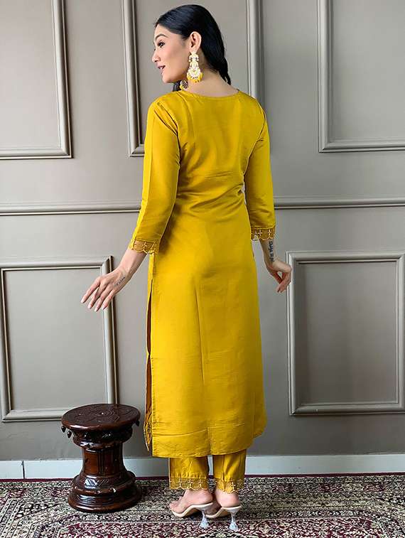 women solid with work three quarter sleeve kurta pant with dupatta set - 22393131 -  Standard Image - 4