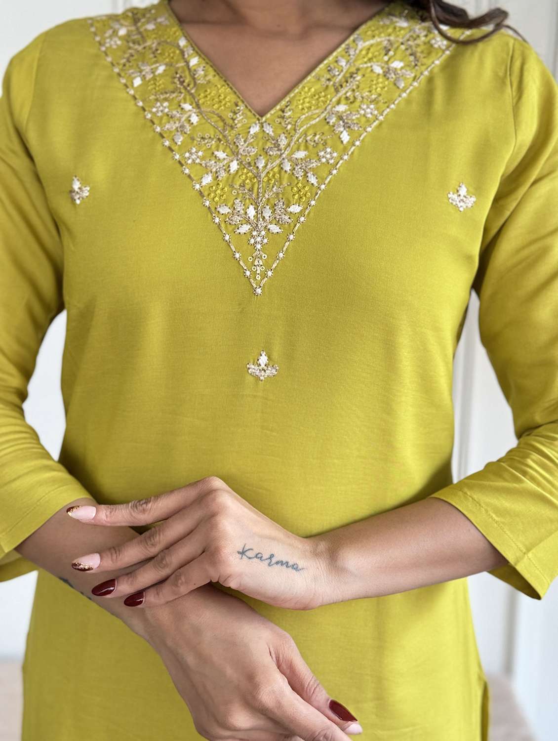 women solid with work three quarter sleeve kurta pant with dupatta set - 22393133 -  Standard Image - 1