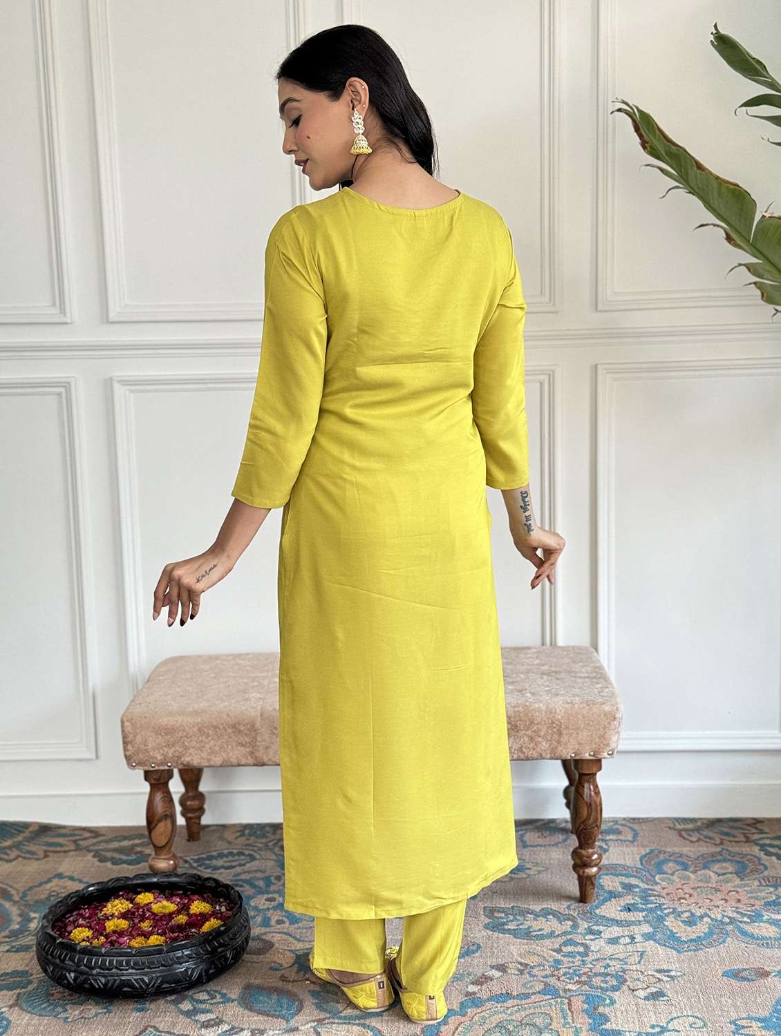 women solid with work three quarter sleeve kurta pant with dupatta set - 22393133 -  Standard Image - 4