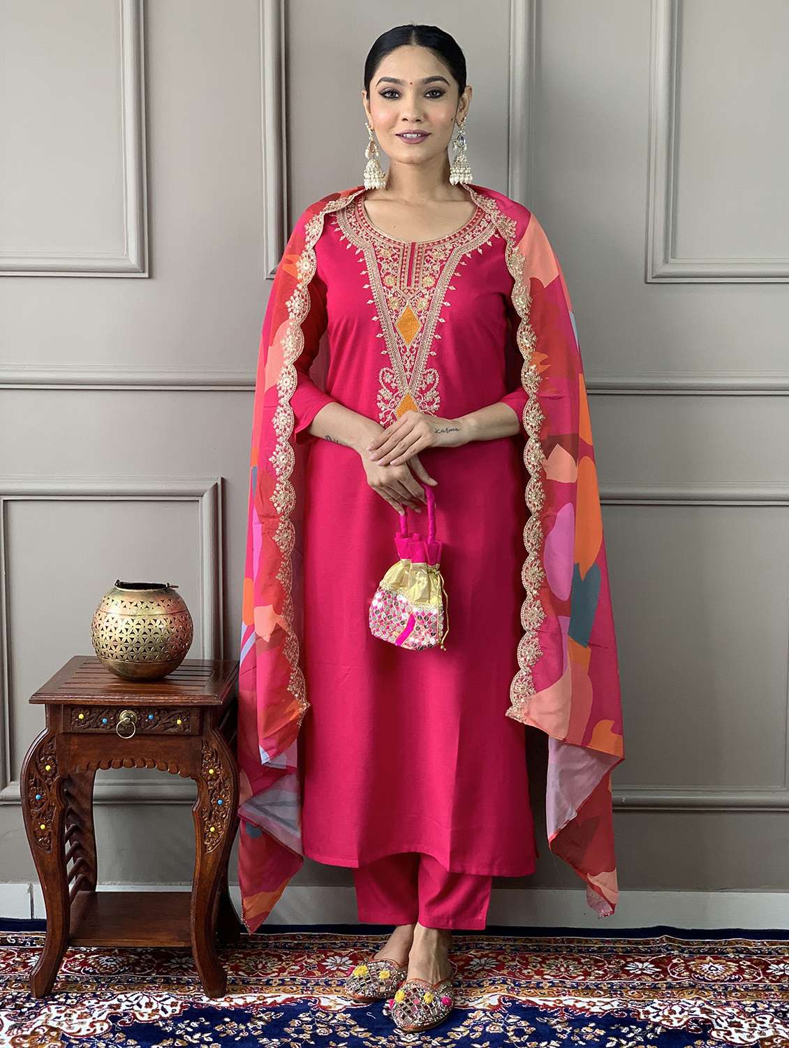 women solid with work three quarter sleeve kurta pant with dupatta set