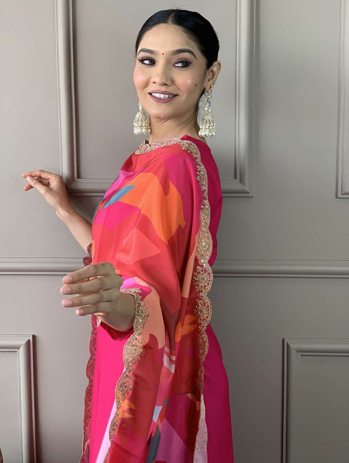 women solid with work three quarter sleeve kurta pant with dupatta set - 22393136 -  Standard Image - 4