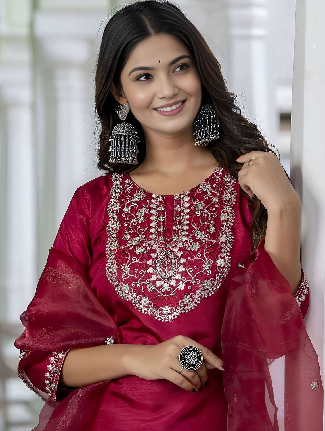 women solid with work three quarter sleeve kurta pant with dupatta set - 22393149 -  Standard Image - 1