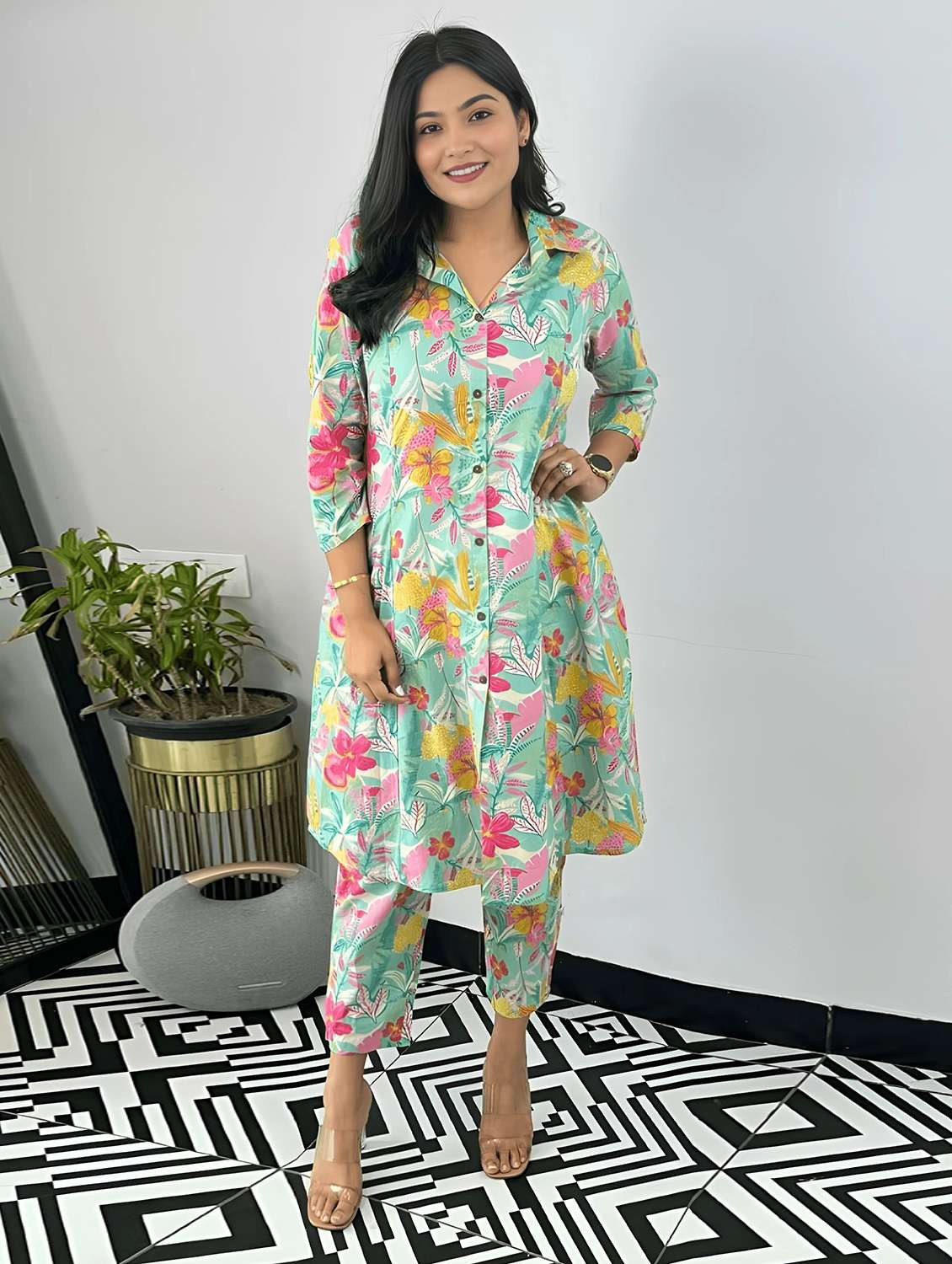 women printed three quarter sleeve ethnic co-ord set