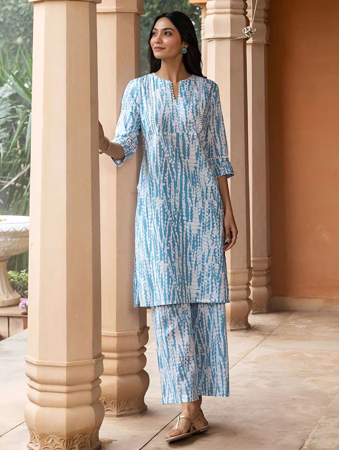 women printed three quarter sleeve ethnic co-ord set