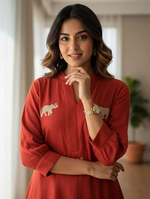 women solid with work three quarter sleeve kurta pant set - 22393184 -  Standard Image - 1