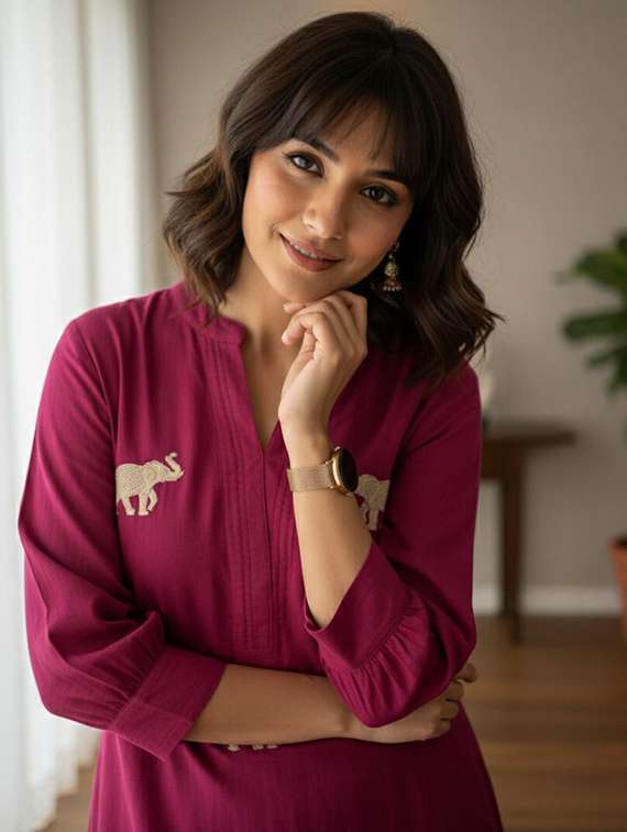 women solid with work three quarter sleeve kurta pant set - 22393185 -  Standard Image - 1