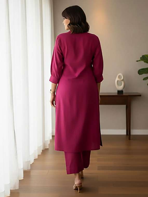 women solid with work three quarter sleeve kurta pant set - 22393185 -  Standard Image - 4