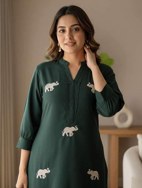 women solid with work three quarter sleeve kurta pant set - 22393189 -  Standard Image - 1