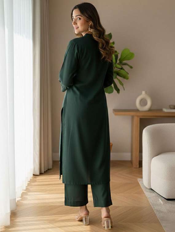 women solid with work three quarter sleeve kurta pant set - 22393189 -  Standard Image - 4