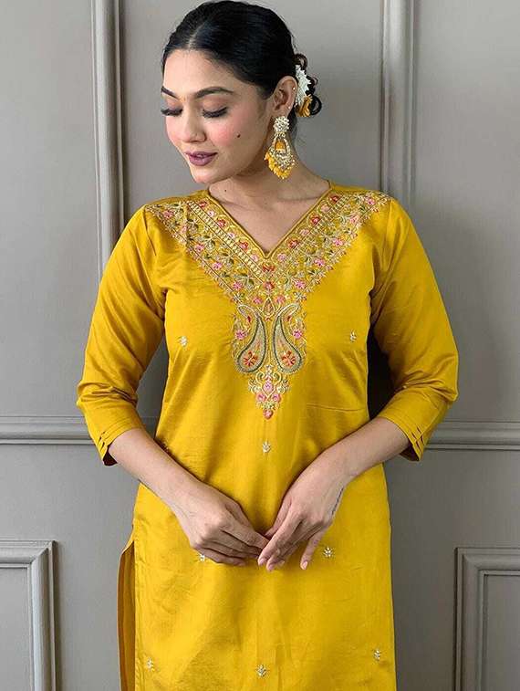 women solid with work three quarter sleeve kurta pant with dupatta set - 22393198 -  Standard Image - 1