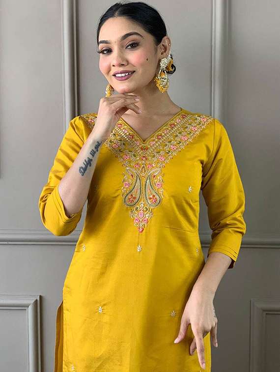 women solid with work three quarter sleeve kurta pant with dupatta set - 22393198 -  Standard Image - 4