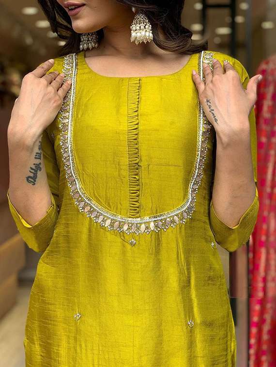 women solid with work three quarter sleeve kurta pant with dupatta set - 22393210 -  Standard Image - 4