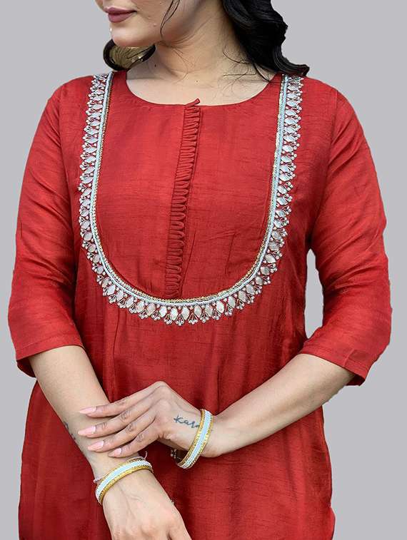 women solid with work three quarter sleeve kurta pant with dupatta set - 22393213 -  Standard Image - 1
