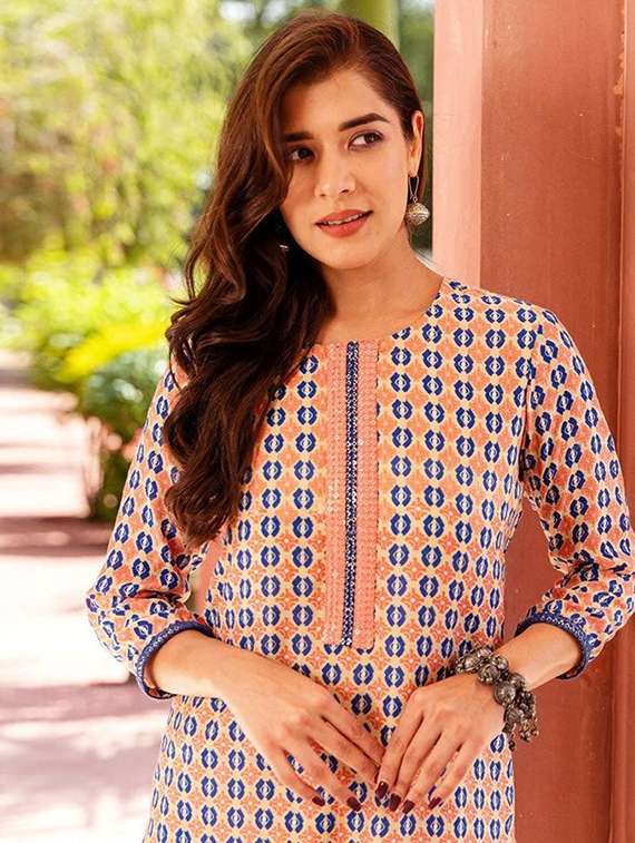 women printed three quarter sleeve kurta pant set - 22393272 -  Standard Image - 1