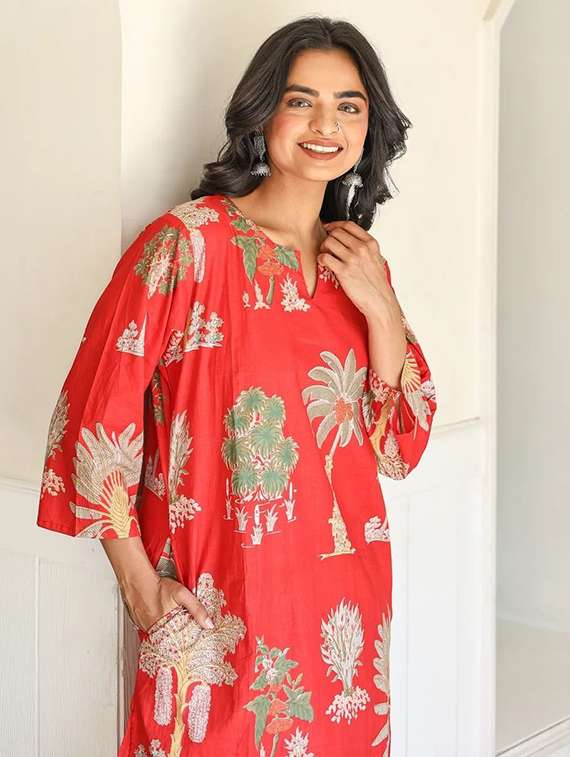 women printed three quarter sleeve ethnic co-ord set - 22393282 -  Standard Image - 1