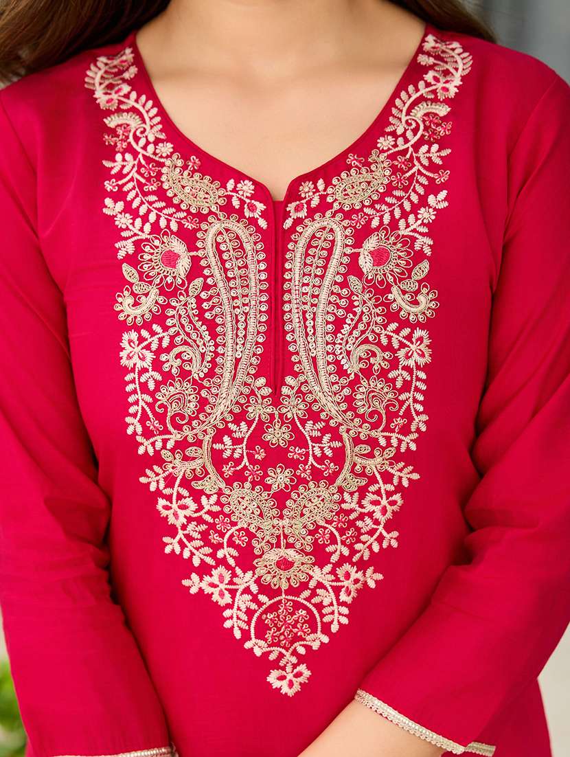 women solid with work three quarter sleeve kurta pant with dupatta set - 22393320 -  Standard Image - 4