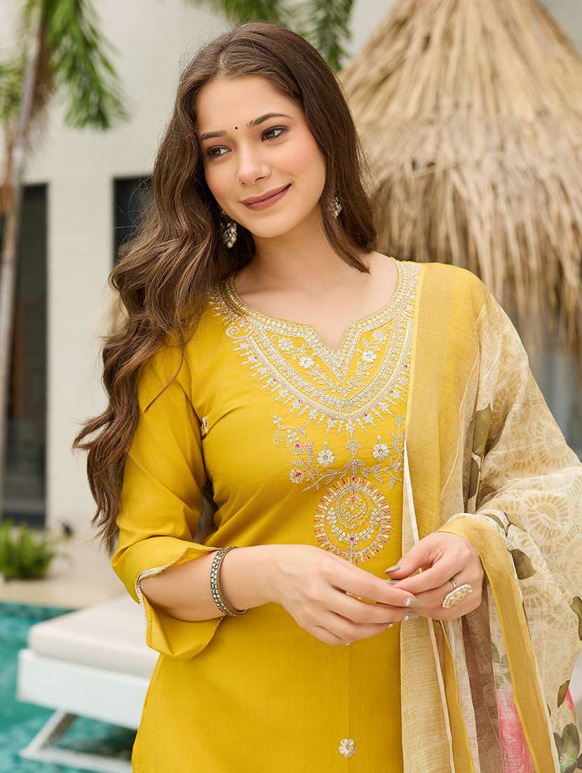 women solid with work three quarter sleeve kurta pant with dupatta set - 22393323 -  Standard Image - 1