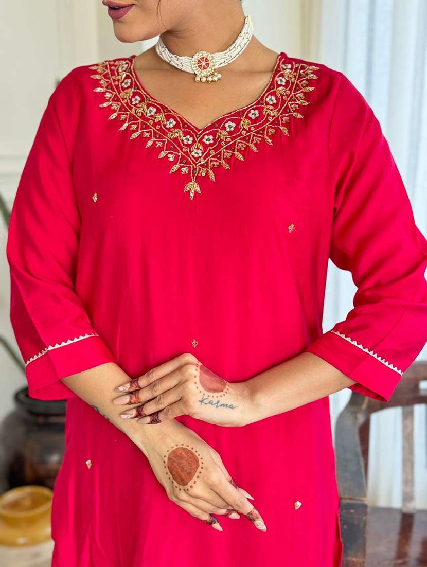 women solid with work three quarter sleeve kurta pant with dupatta set - 22393326 -  Standard Image - 4