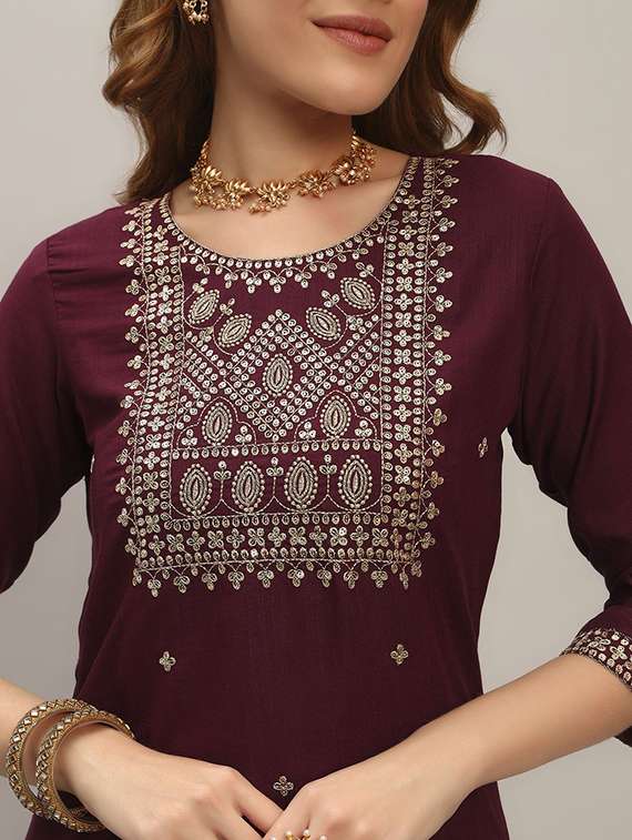 women solid with work three quarter sleeve kurta pant with dupatta set - 22393336 -  Standard Image - 1