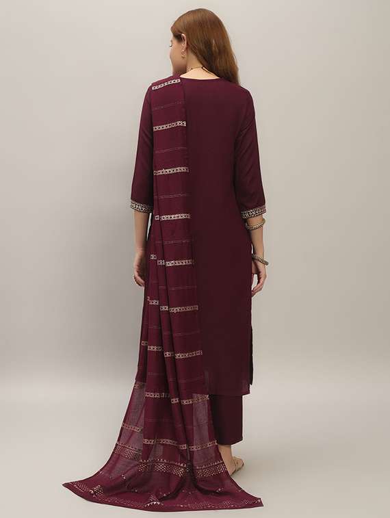 women solid with work three quarter sleeve kurta pant with dupatta set - 22393336 -  Standard Image - 4