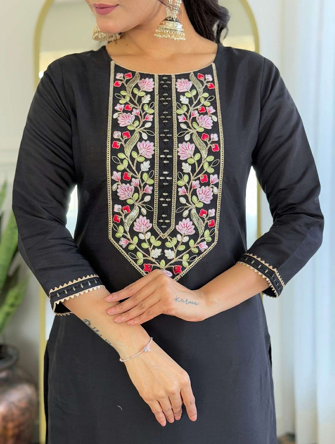 women solid with work three quarter sleeve kurta pant with dupatta set - 22393360 -  Standard Image - 4