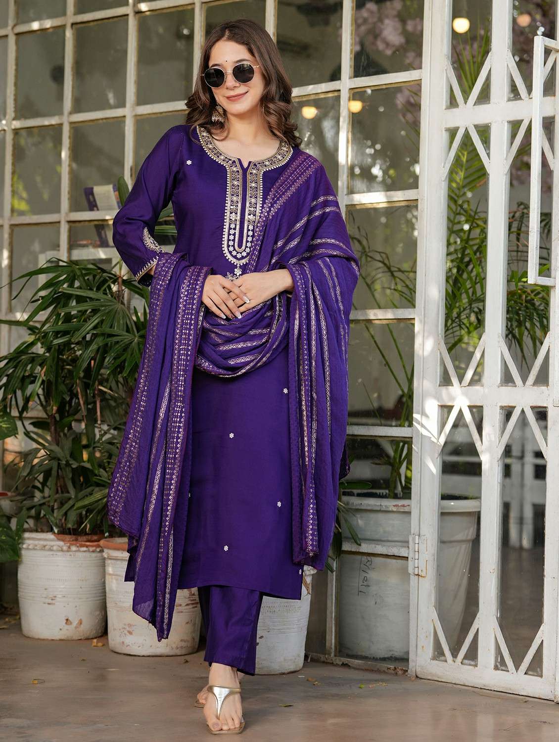 women solid with work three quarter sleeve kurta pant with dupatta set