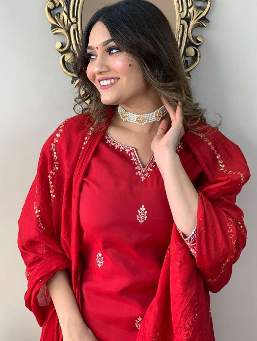 women solid with work three quarter sleeve kurta pant with dupatta set - 22393433 -  Standard Image - 1