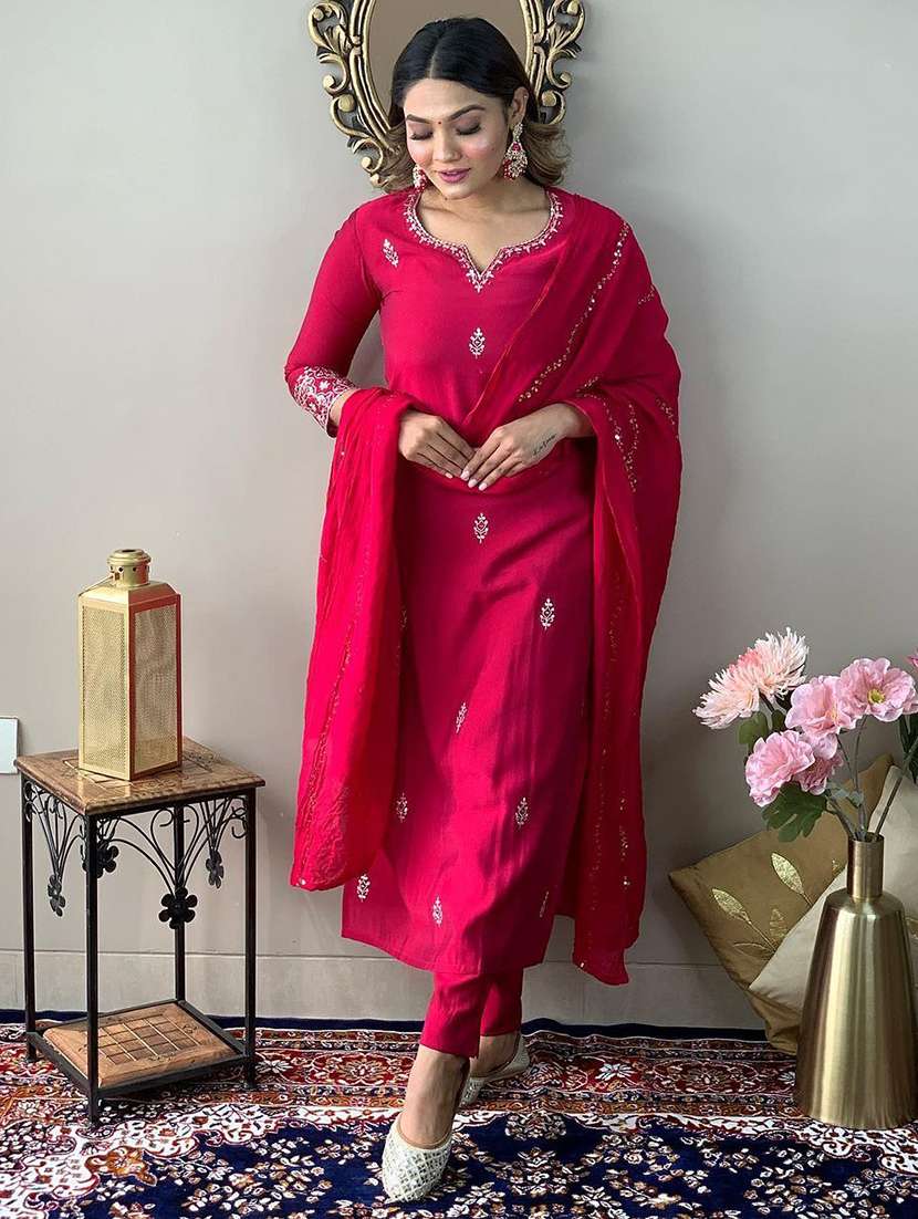 women solid with work three quarter sleeve kurta pant with dupatta set - 22393433 -  Standard Image - 4