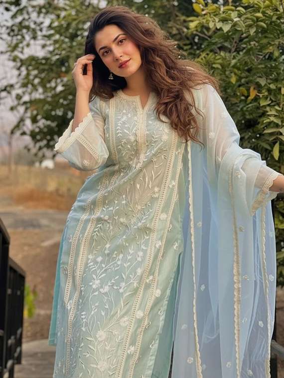 women solid with work three quarter sleeve kurta pant with dupatta set - 22393481 -  Standard Image - 1