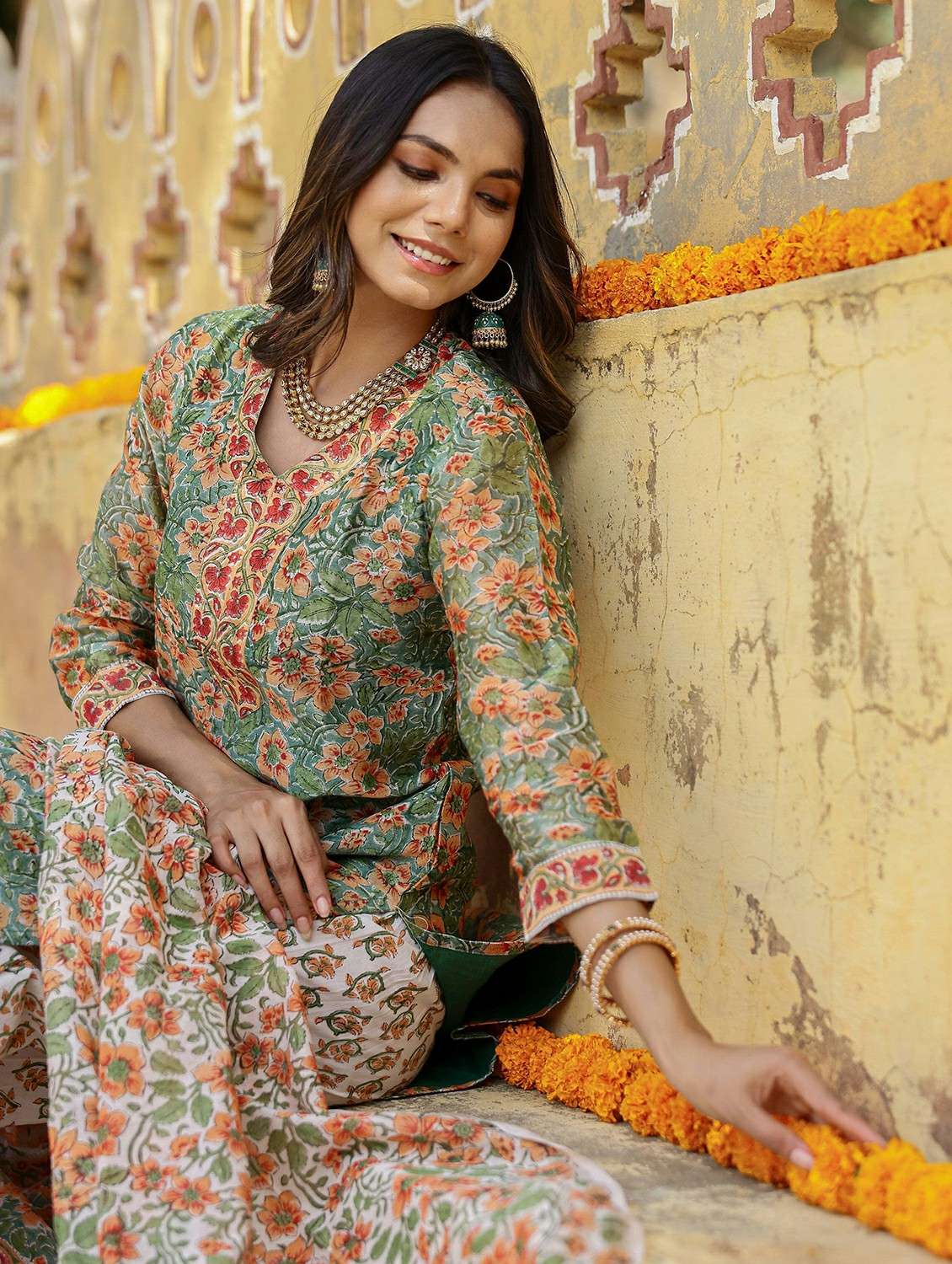 women floral three quarter sleeve kurta salwar with dupatta - 22393499 -  Standard Image - 1