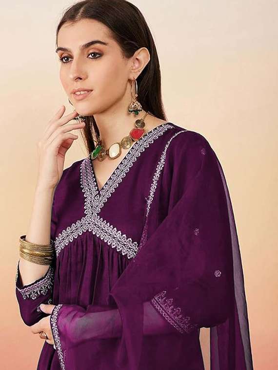 women solid with work three quarter sleeve kurta pant with dupatta set - 22393506 -  Standard Image - 1