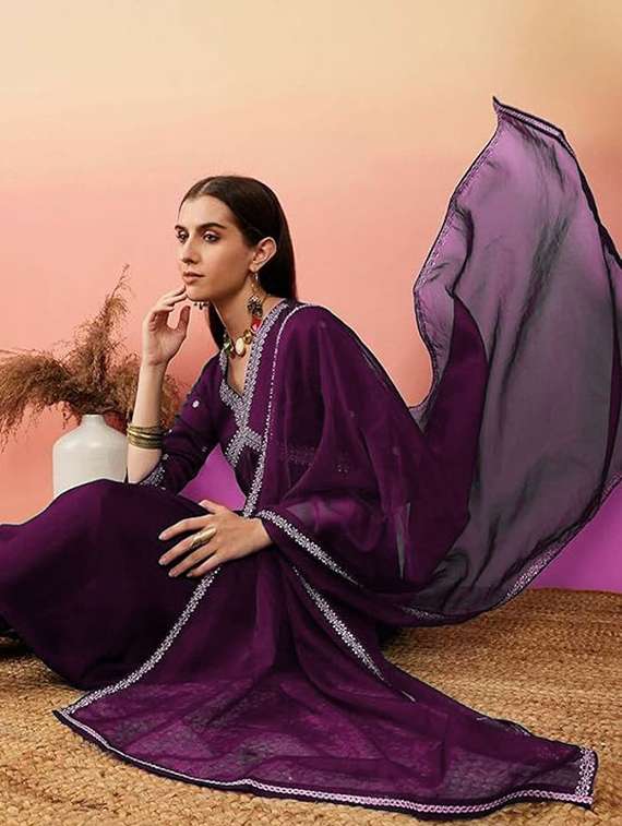 women solid with work three quarter sleeve kurta pant with dupatta set - 22393506 -  Standard Image - 4