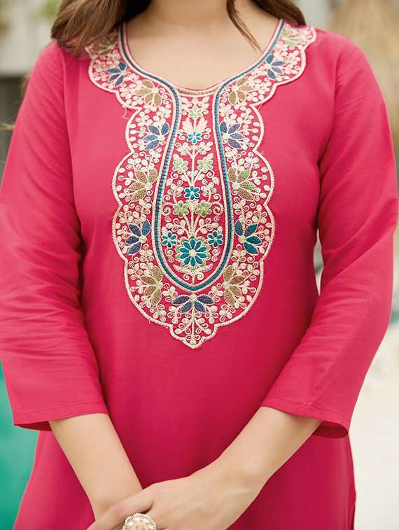 women solid with work three quarter sleeve kurta pant with dupatta set - 22393512 -  Standard Image - 1