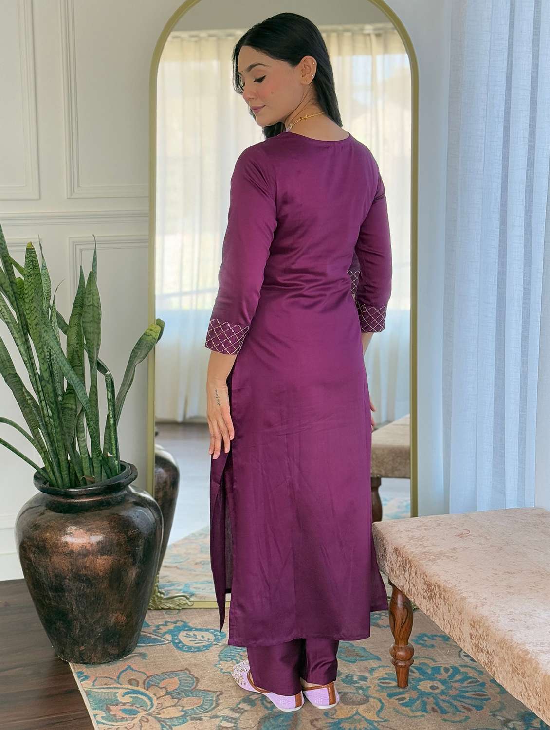 women solid with work three quarter sleeve kurta pant with dupatta set - 22393518 -  Standard Image - 4